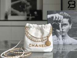 Túi Chanel 22 Mini Handbag White Shiny Trắng Logo Vàng Da Bê 20CM Best Quality