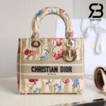 Túi Dior Medium Lady D-Lite Bag Màu Be Multicolor Hibiscus Embroidery Best Quality