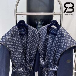 Áo LV Signature Double Face Hooded Wrap Coat Petrole Blue Best Quality