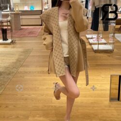 Áo LV Signature Double Face Hooded Wrap Coat Savane Beige Best Quality