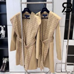 Áo LV Signature Double Face Hooded Wrap Coat Savane Beige Best Quality