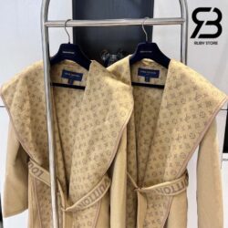 Áo LV Signature Double Face Hooded Wrap Coat Savane Beige Best Quality