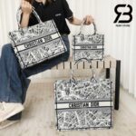 Túi Large Dior Book Tote Plan De Paris Embroidery Trắng Đen 42CM Best Quality