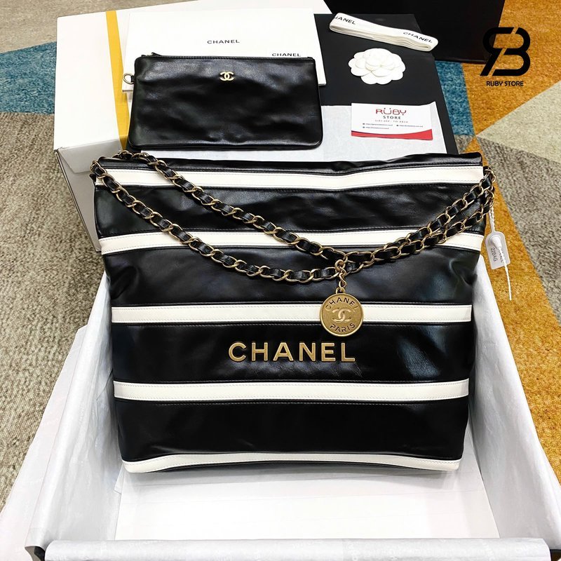 Túi Chanel 22 Small Shopping Handbag Đen & Trắng Da Bê Bóng 34CM Best Quality