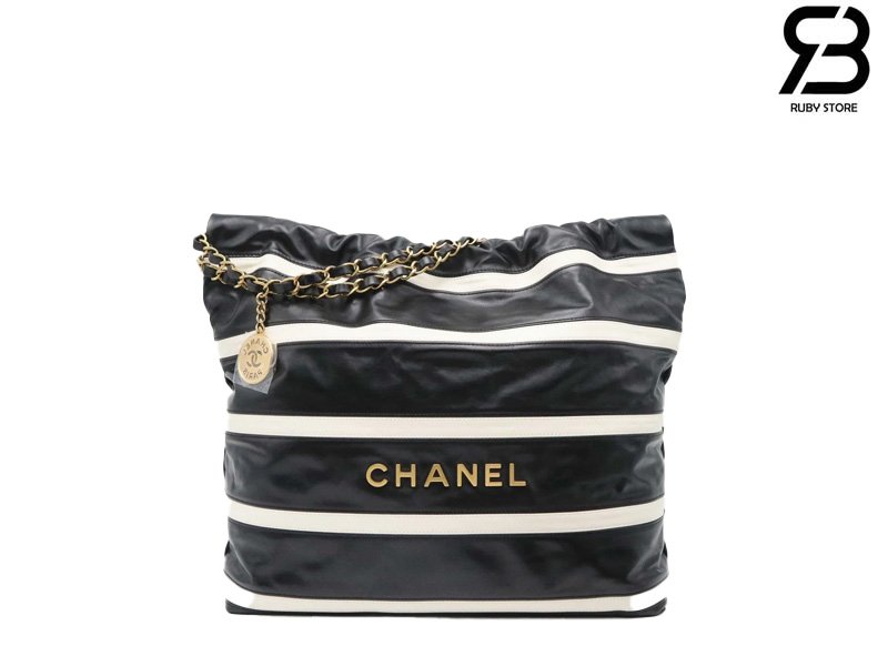 Túi Chanel 22 Small Shopping Handbag Đen & Trắng Da Bê Bóng 34CM Best Quality