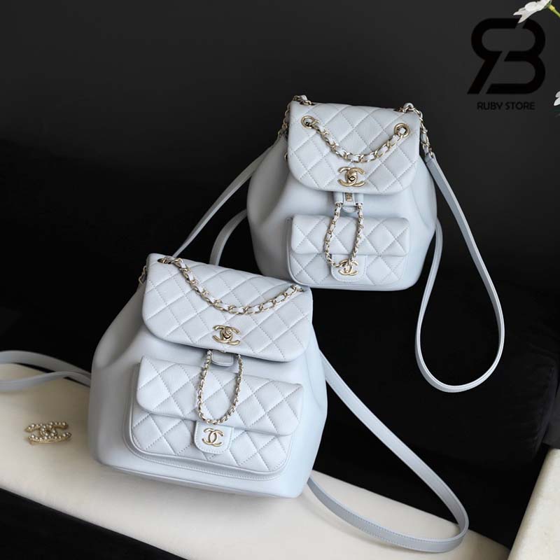 Ba Lô Chanel 24P Medium Duma Backpack Màu Xanh Nhạt Calfskin GHW 24CM Best Quality