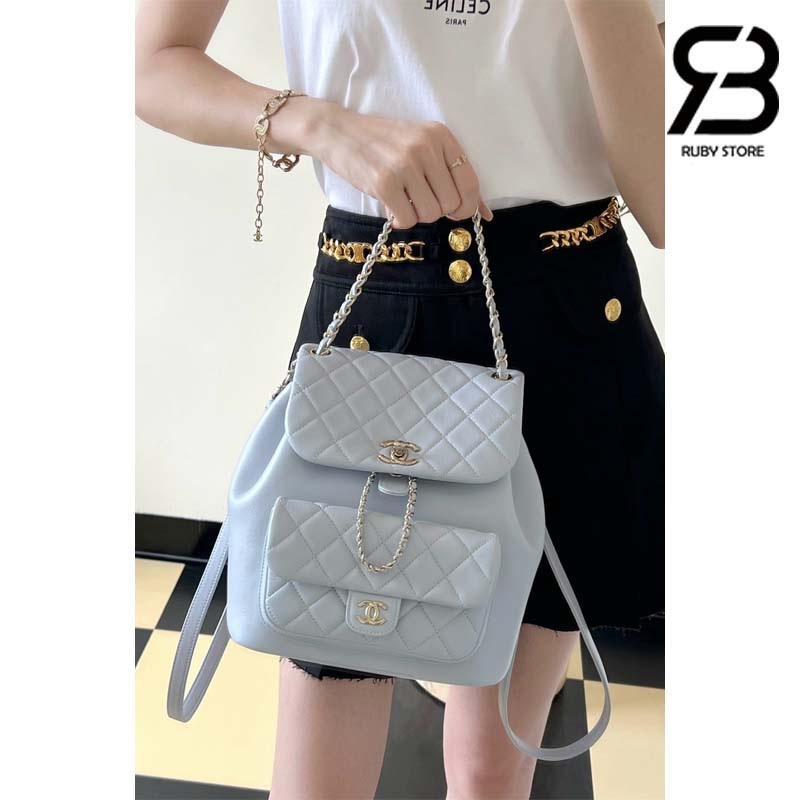 Ba Lô Chanel 24P Medium Duma Backpack Màu Xanh Nhạt Calfskin GHW 24CM Best Quality