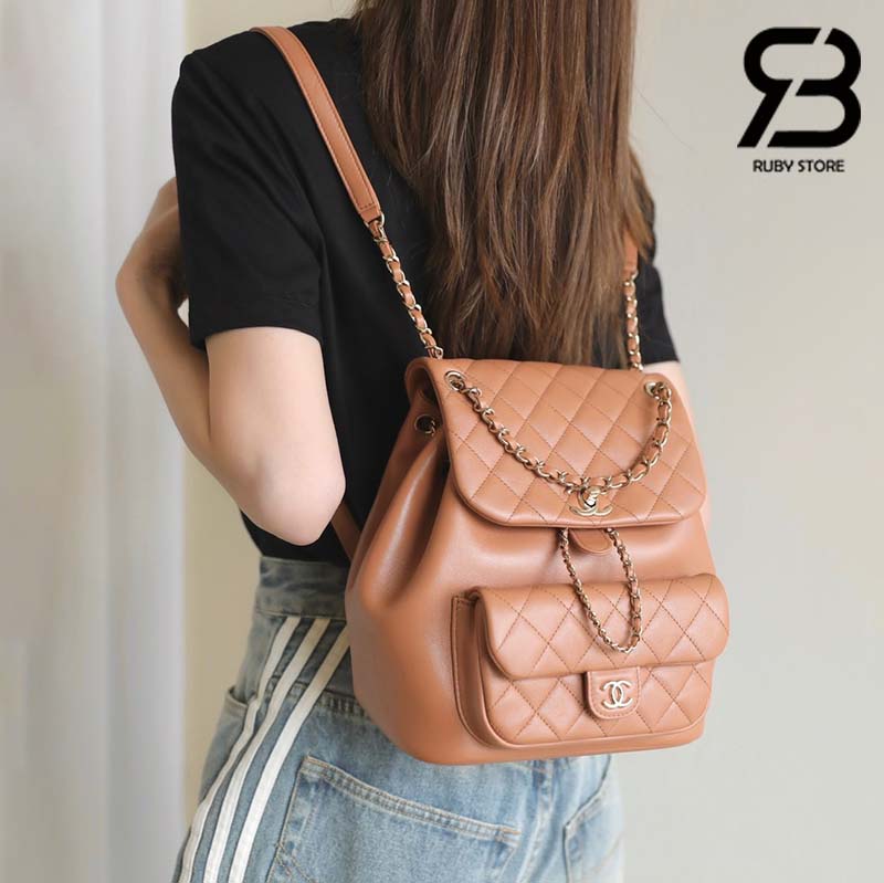Ba Lô Chanel 24P Medium Duma Backpack Màu Nâu Camel Calfskin GHW 24CM Best Quality
