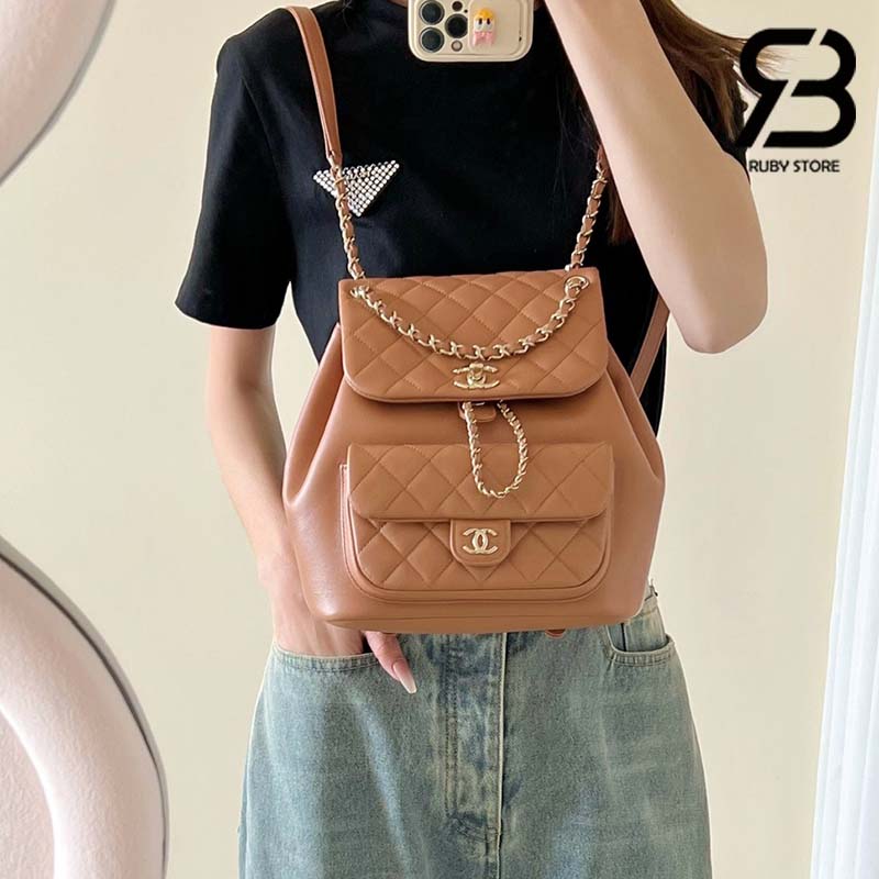 Ba Lô Chanel 24P Medium Duma Backpack Màu Nâu Camel Calfskin GHW 24CM Best Quality