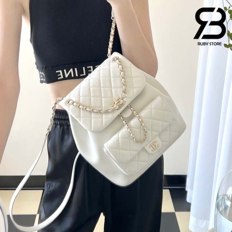 Ba Lô Chanel 24P Medium Duma Backpack Màu Trắng Calfskin GHW 24CM Best Quality