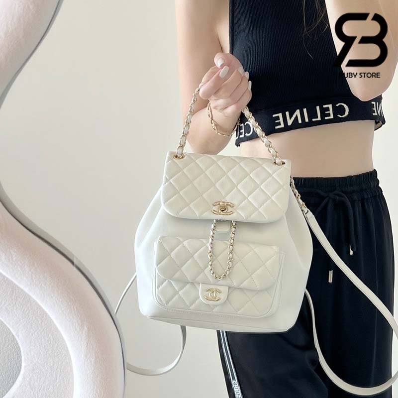 Ba Lô Chanel 24P Medium Duma Backpack Màu Trắng Calfskin GHW 24CM Best Quality