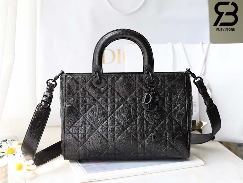 Túi Medium Lady D-Sire Bag Màu Đen Macrocannage Crinkled Calfskin Best Quality