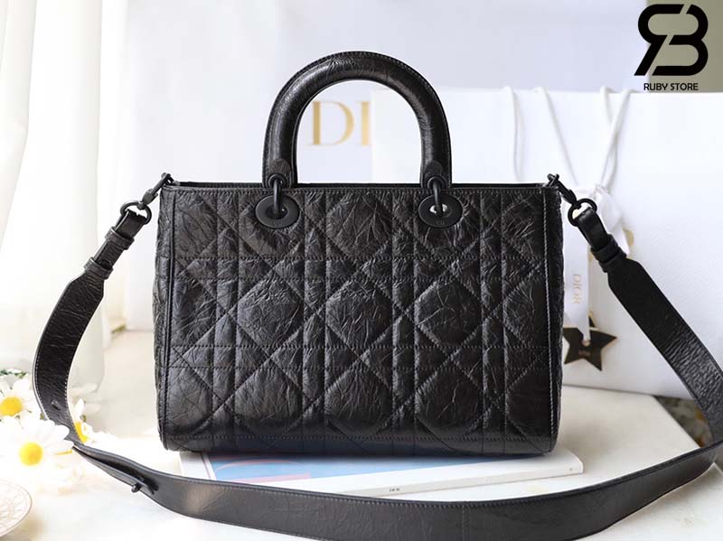 Túi Medium Lady D-Sire Bag Màu Đen Macrocannage Crinkled Calfskin Best Quality