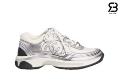Giày Chanel 23C White Silver Metallic CC Logo Lace Up Flat Runner Trainer Sneaker Best Quality