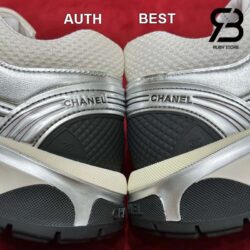 Giày Chanel 23C White Silver Metallic CC Logo Lace Up Flat Runner Trainer Sneaker Best Quality