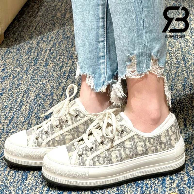 Giày Walk'n'Dior Platform Sneaker Stone Gray Oblique Embroidered Cotton Best Quality