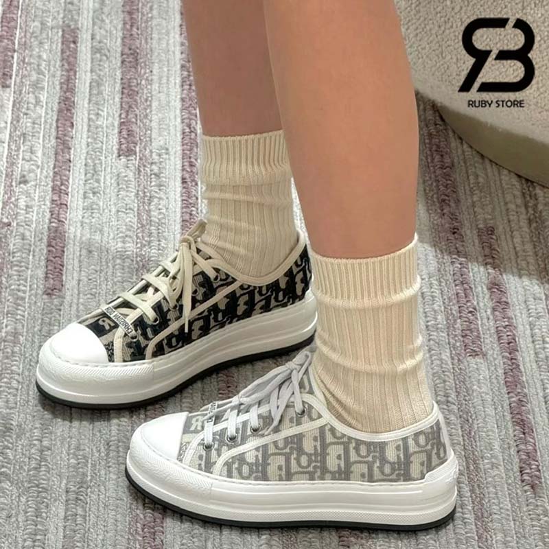 Giày Walk'n'Dior Platform Sneaker Stone Gray Oblique Embroidered Cotton Best Quality