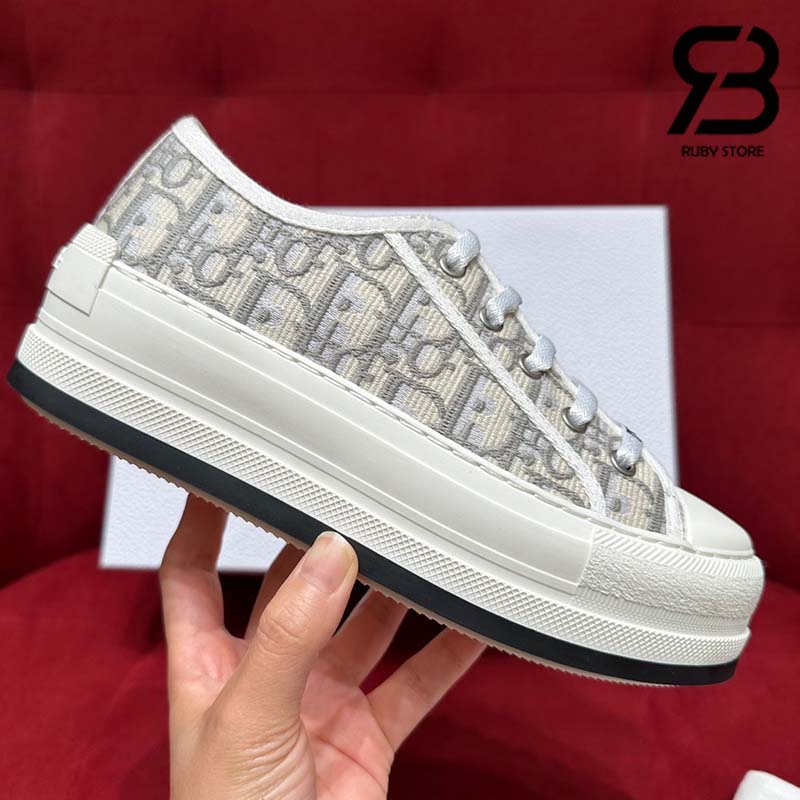 Giày Walk'n'Dior Platform Sneaker Stone Gray Oblique Embroidered Cotton Best Quality