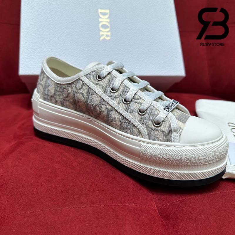 Giày Walk'n'Dior Platform Sneaker Stone Gray Oblique Embroidered Cotton Best Quality