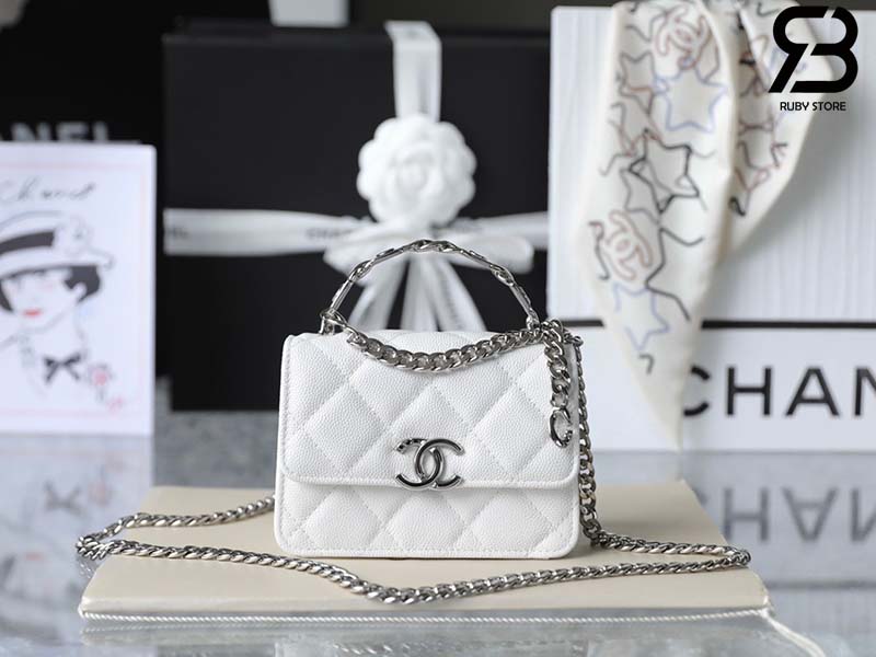 Túi Chanel 22SS Mini Clutch With Chain Màu Trắng Da Caviar Best Quality