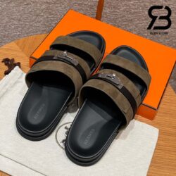 Dép Hermes Jackson Sandal Vert Toundra Suede Noir Calfskin Best Quality