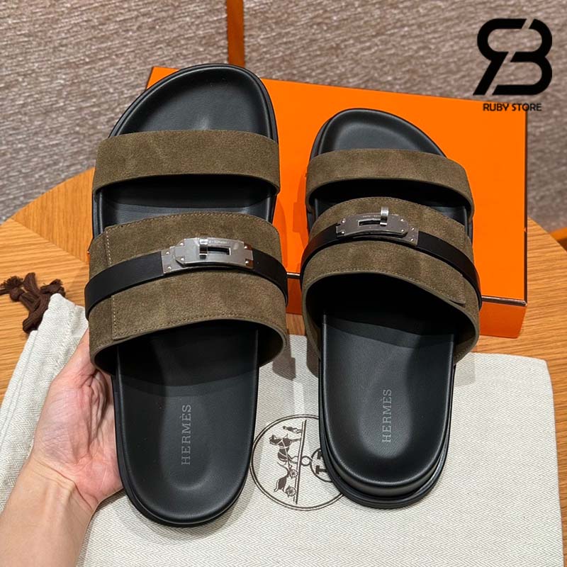 Dép Hermes Jackson Sandal Vert Toundra Suede Noir Calfskin Best Quality