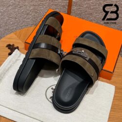 Dép Hermes Jackson Sandal Vert Toundra Suede Noir Calfskin Best Quality