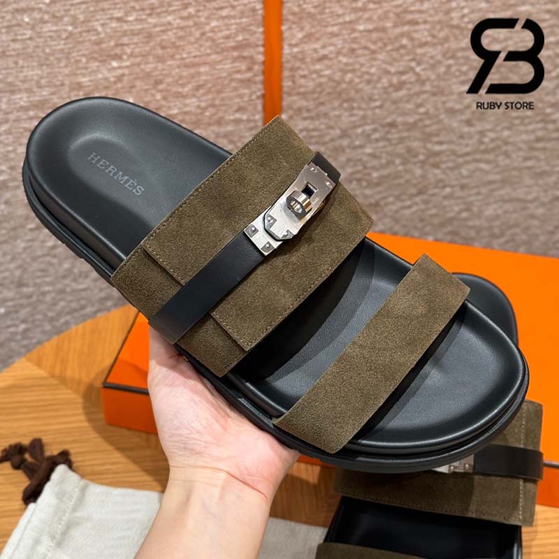 Dép Hermes Jackson Sandal Vert Toundra Suede Noir Calfskin Best Quality