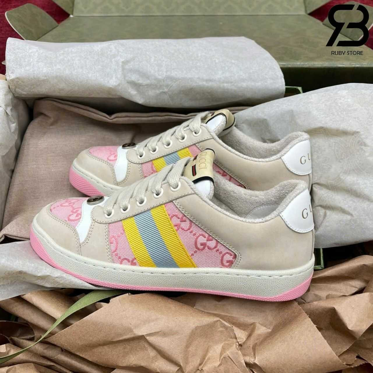 Giày Gucci Screener GG Sneaker Pink Canvas Màu Be Hồng