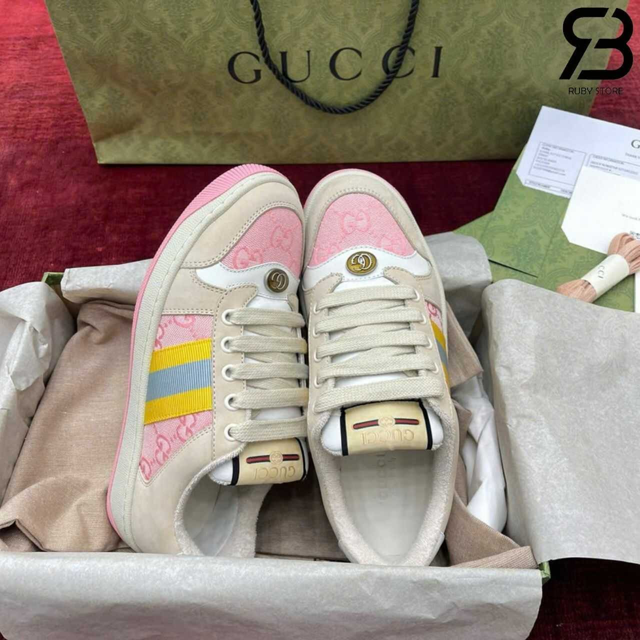 Giày Gucci Screener GG Sneaker Pink Canvas Màu Be Hồng