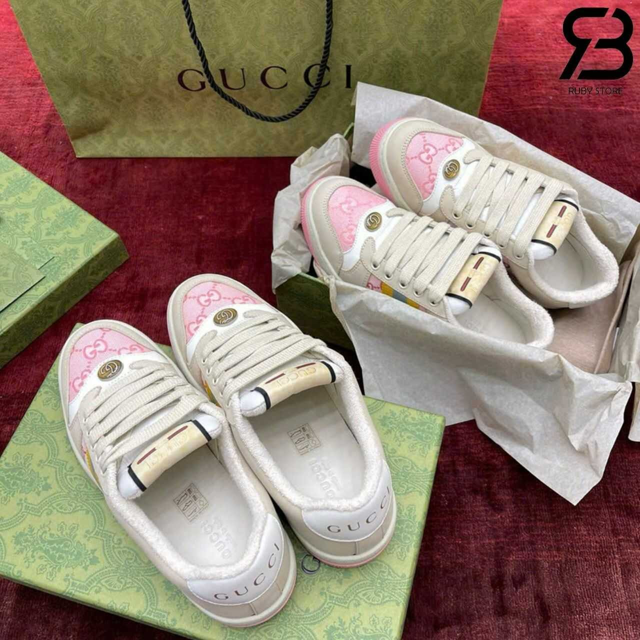 Giày Gucci Screener GG Sneaker Pink Canvas Màu Be Hồng