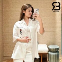 Áo LV Open Collar Short-Sleeved Cotton Shirt Pont Neuf Màu Trắng Sữa Best Quality