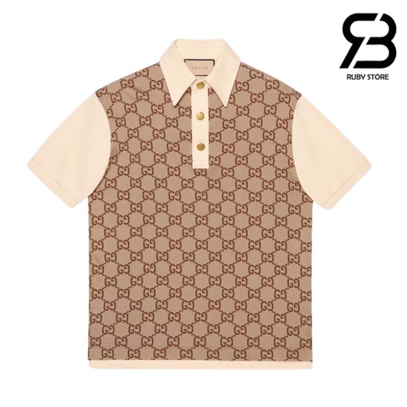 ao-thun-gucci-jumbo-gg-cotton-silk-jacquard-polo-beige-ebony-best-quality Áo Thun Gucci Jumbo GG Cotton Silk Jacquard Polo Beige Ebony Best Quality