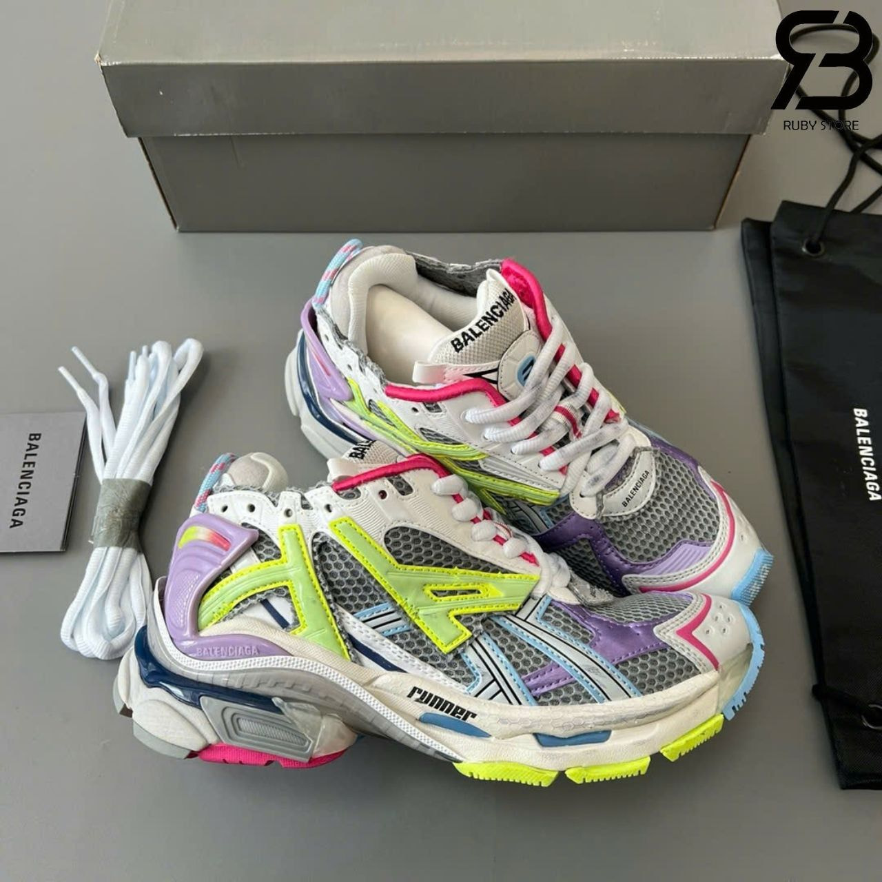Giày Balenciaga Runner Leather Free Grey Light Purple Neon Yellow White