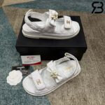 Dép Chanel Dad Sandal Camellia Ribbon White Lambskin Trắng Best Deal