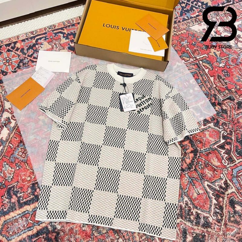 Áo Thun LV Damier Jacquard Short-Sleeved Crewneck Ivory Best Quality