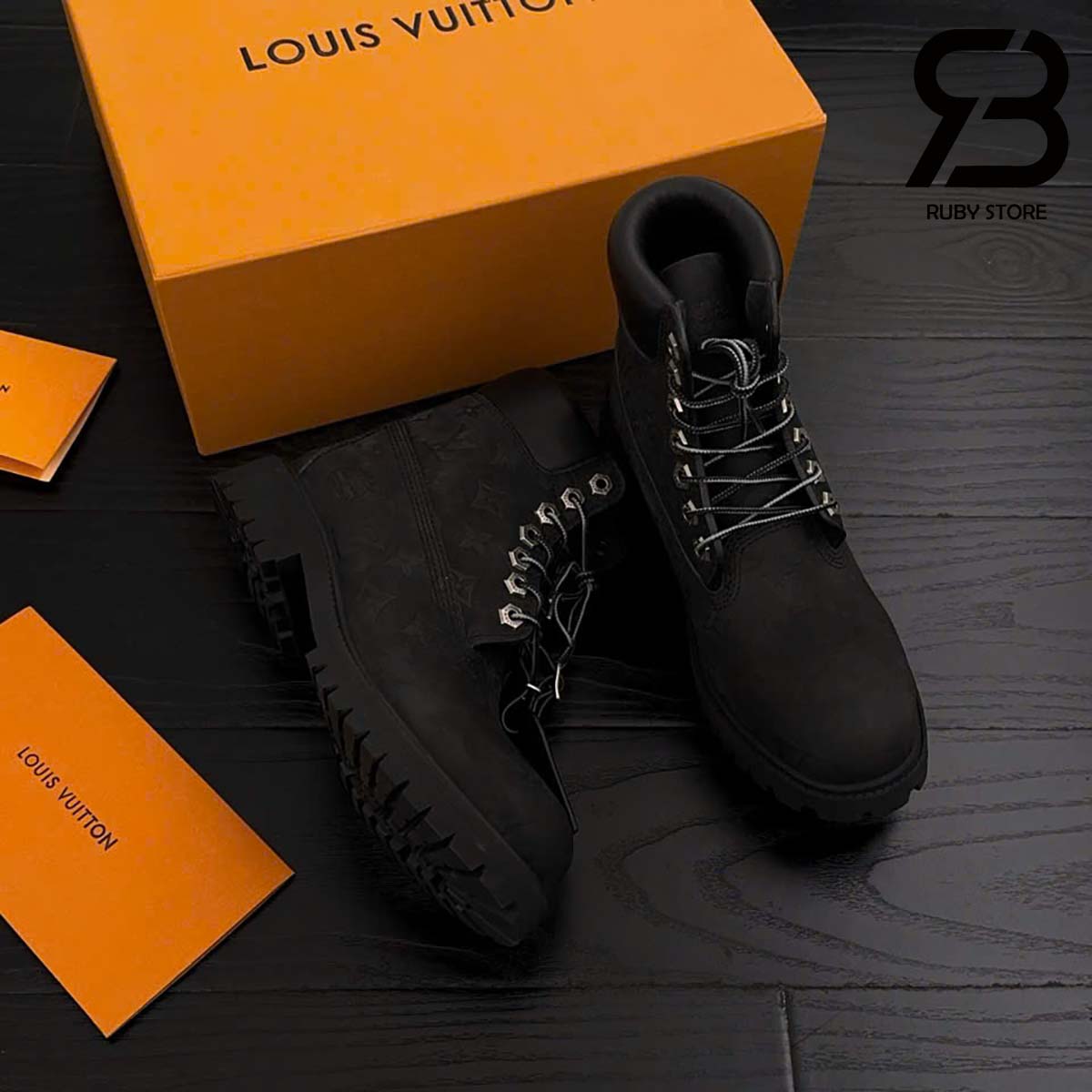 Giày Louis Vuitton x Timberland Ankle Boot Sneaker in Black Màu Đen Best Quality