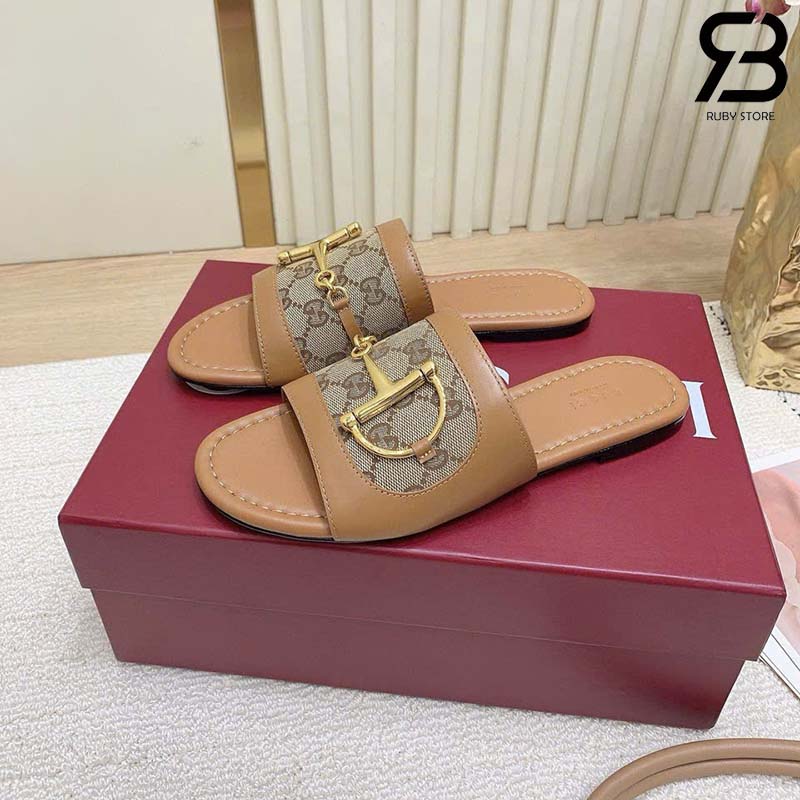 Dép Gucci Slide Sandal With Horsebit Light Brown Nâu Best Quality