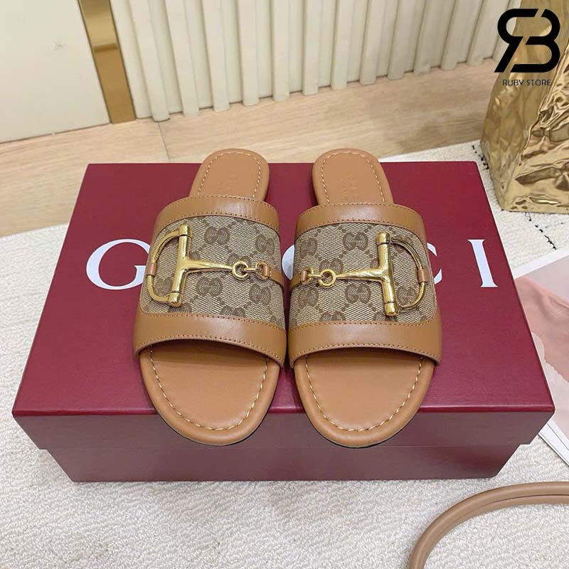 Dép Gucci Slide Sandal With Horsebit Light Brown Nâu Best Quality
