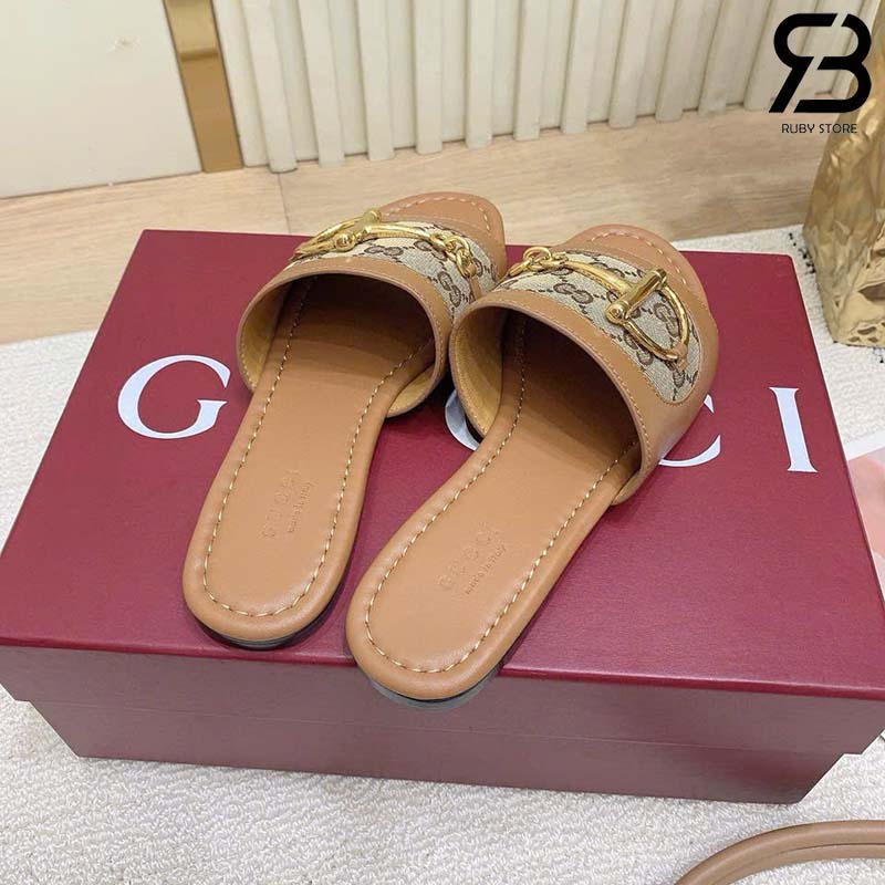 Dép Gucci Slide Sandal With Horsebit Light Brown Nâu Best Quality