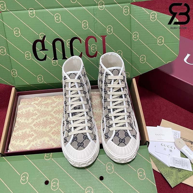Giày Gucci High Top GG Sneaker Beige Blue Canvas Xanh Dương Best Quality
