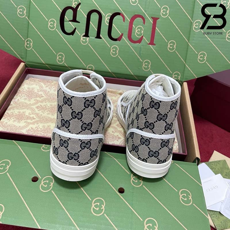 Giày Gucci High Top GG Sneaker Beige Blue Canvas Xanh Dương Best Quality