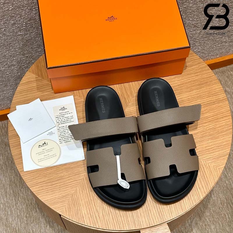 Dép Hermes Chypre Sandal Da Epsom Xám Đen Best Quality