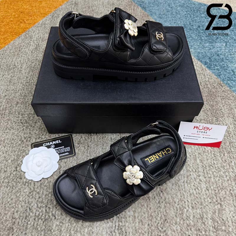 Dép Chanel Dad Sandal Camellia Ribbon Black Lambskin Đen Best Deal