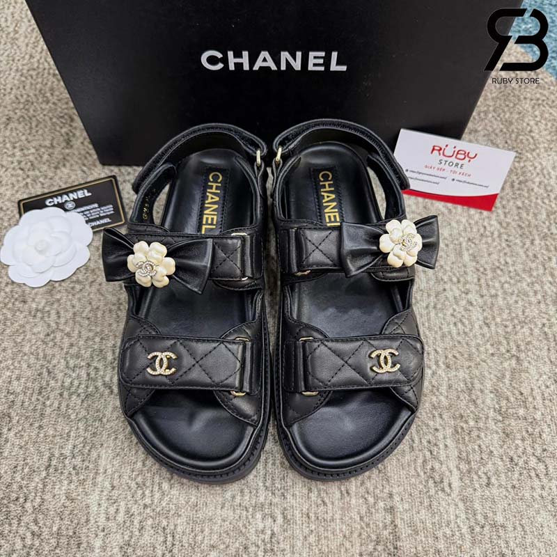 Dép Chanel Dad Sandal Camellia Ribbon Black Lambskin Đen Best Deal