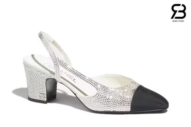 Giày Cao Gót Chanel Slingback Bling White Black Trắng Đen 7CM Best Quality