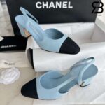 Giày Cao Gót Chanel Slingback Goatskin Grosgrain Blue Black 7CM Best Quality