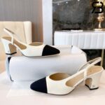 Giày Cao Gót Chanel Slingback Goatskin Grosgrain Beige Black Kem Đen Best Quality