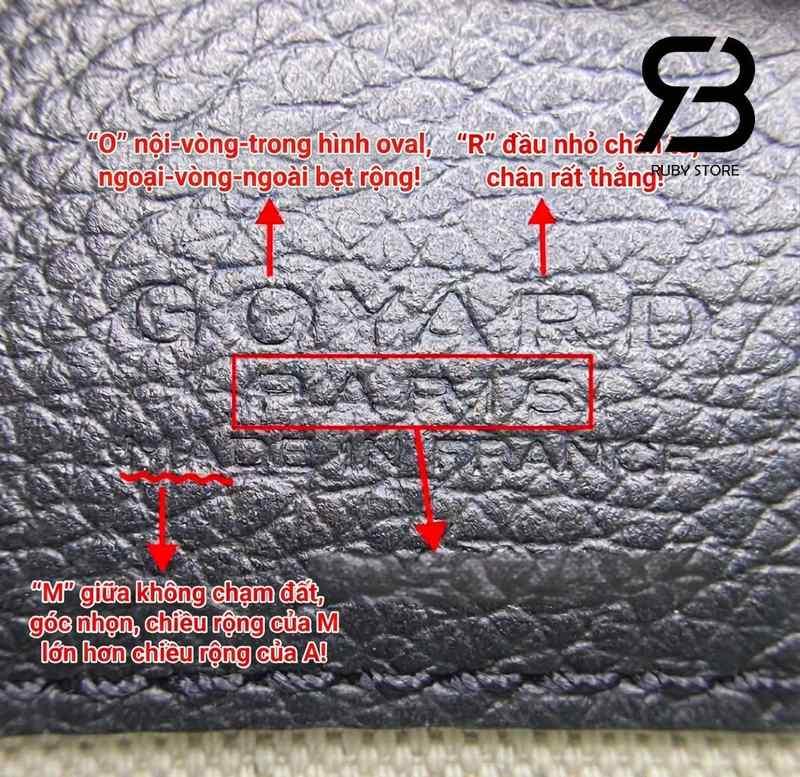 Hình ảnh chi tiết giúp nhận biết túi Goyard real và fake chi tiết qua các điểm đặc trưng trên da và chữ logo.