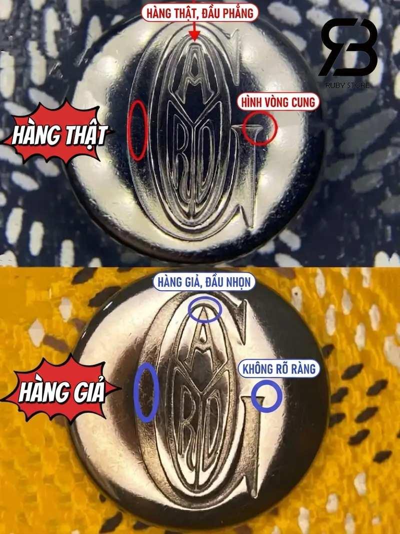 Ảnh so sánh chi tiết nút kim loại của túi Goyard real và fake giúp nhận biết túi Goyard real và fake chi tiết.